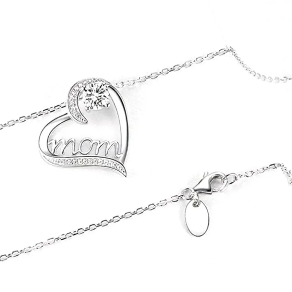 New Beautiful 925 Silver Diamond Mom Heart Necklace